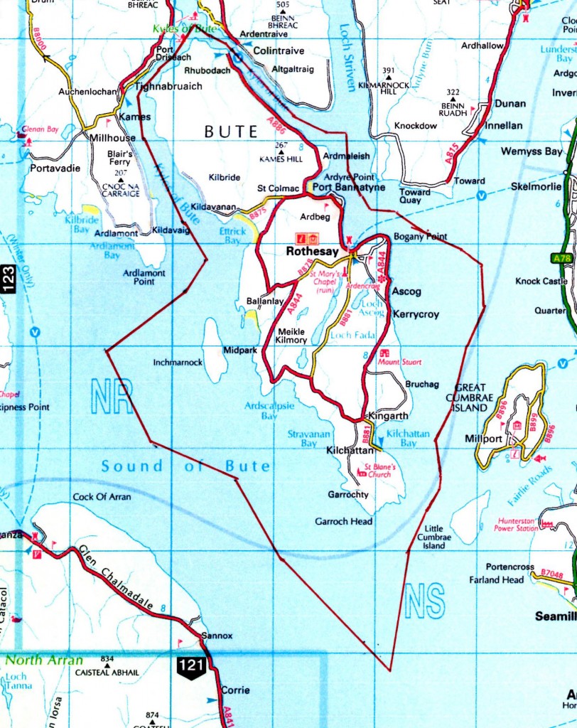 Bute waters (indicated by the red line surrounding Bute)